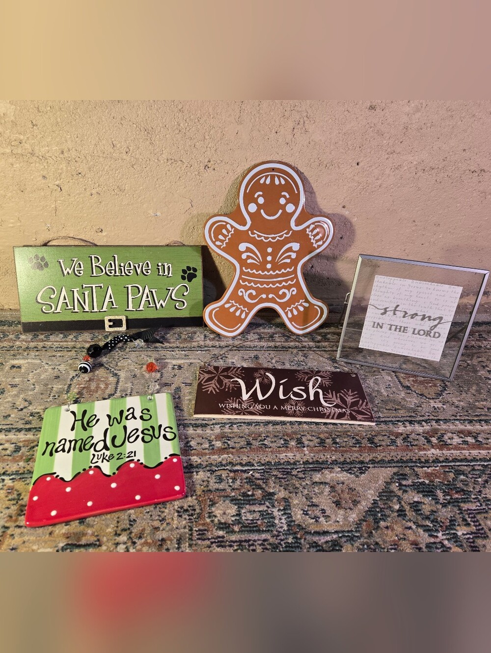 Lot of 5 Christmas Holiday Signs Wall Hangings Decor, Mixed Materials & Styles